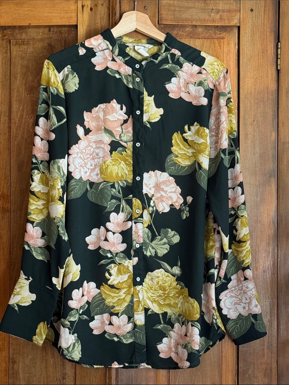 H&M 14 Dark Green Sheer Button-Down Shirt Floral Business Casual